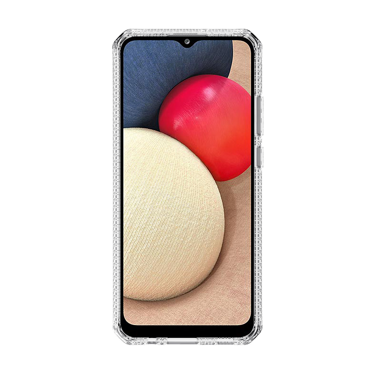 Un telefono in una custodia trasparente con sfere colorate sullo schermo.