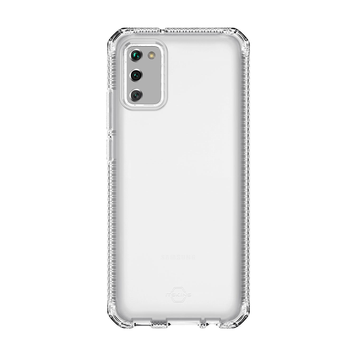 Una custodia trasparente per telefono. La custodia è trasparente e mostra la fotocamera del telefono. La fotocamera ha più lenti.