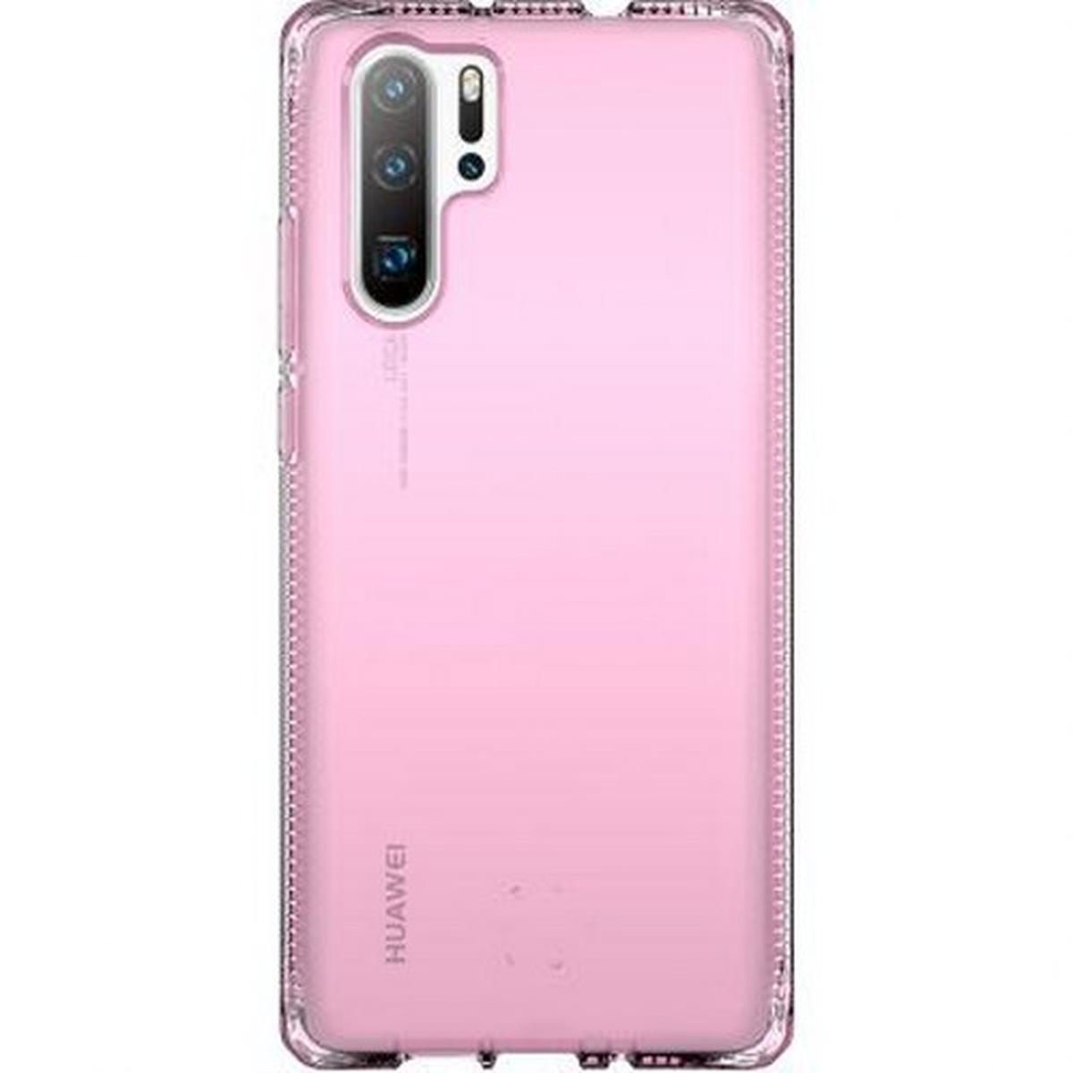 Custodia rosa per telefono con bordo trasparente. Il retro ha un ritaglio per la fotocamera.