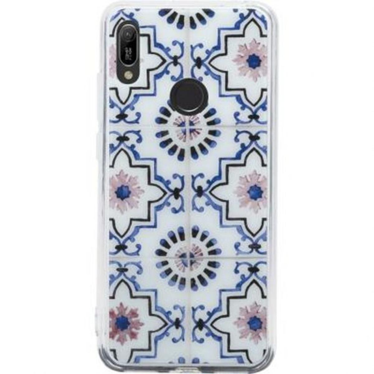 Custodia bianca con design floreale a piastrelle blu e rosa.