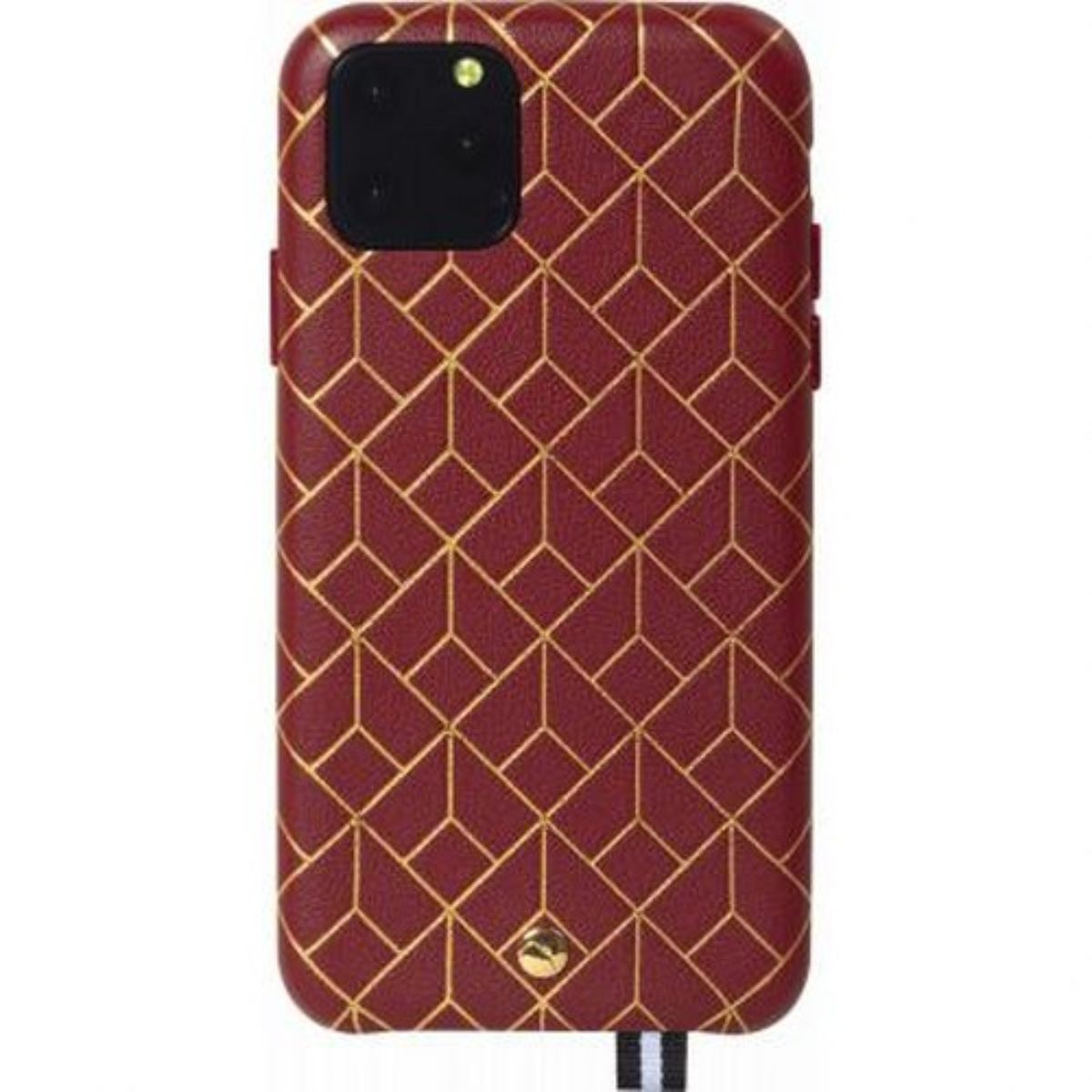 Custodia bordeaux con motivo geometrico dorato e cinturino bianco e nero.