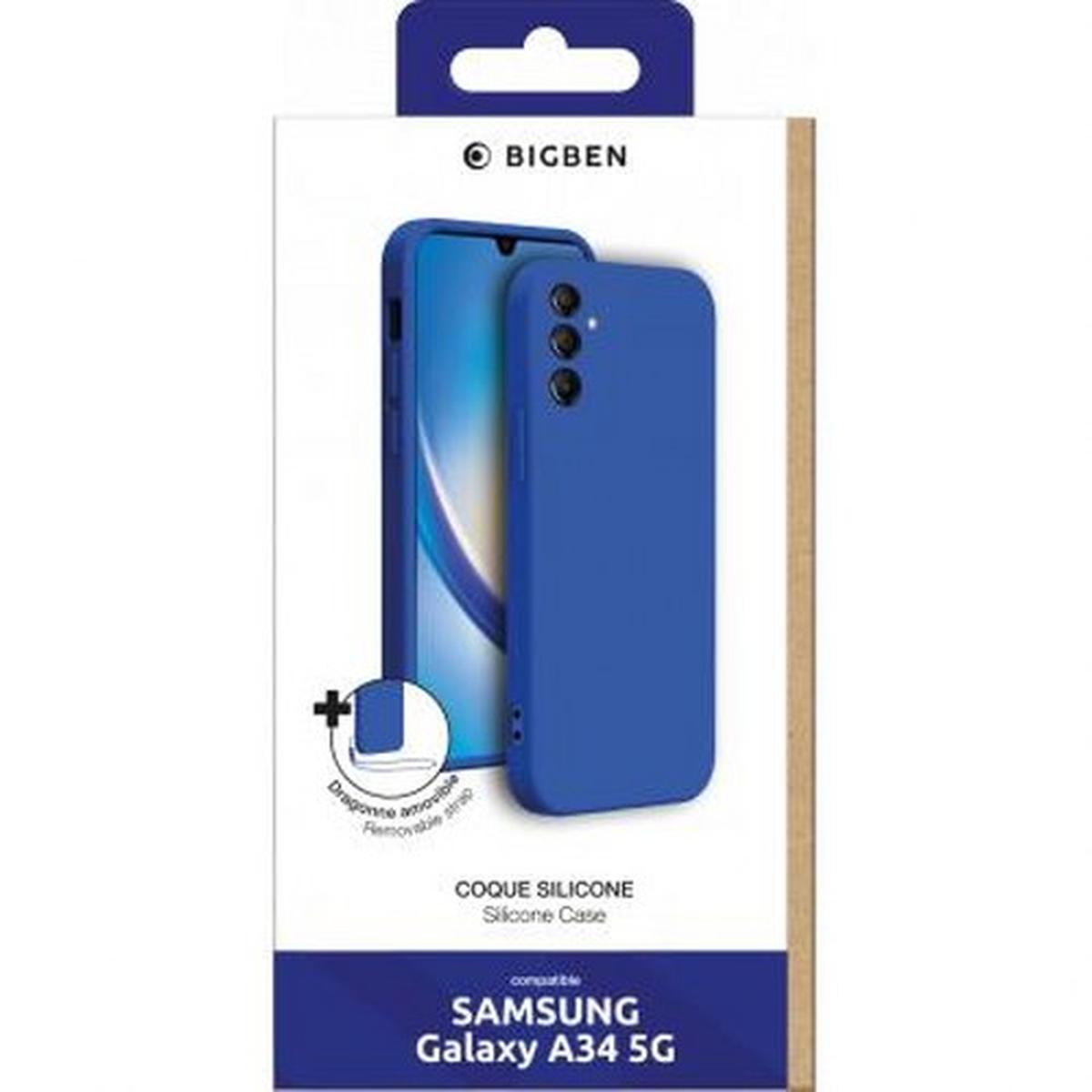 Scatola per custodia blu con telefono dentro e custodia accanto.