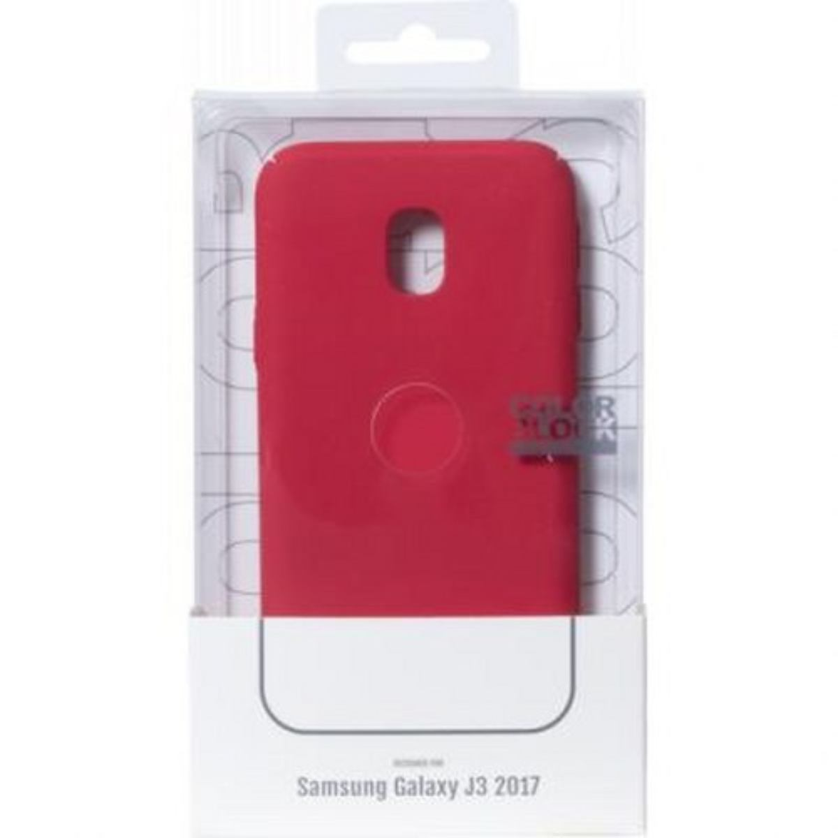 Una custodia rossa per Samsung Galaxy J3 2017 è esposta in una scatola di plastica trasparente.