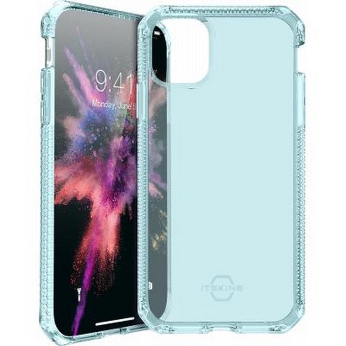 Una custodia per telefono azzurra con un telefono all'interno. Lo schermo del telefono mostra un display colorato.
