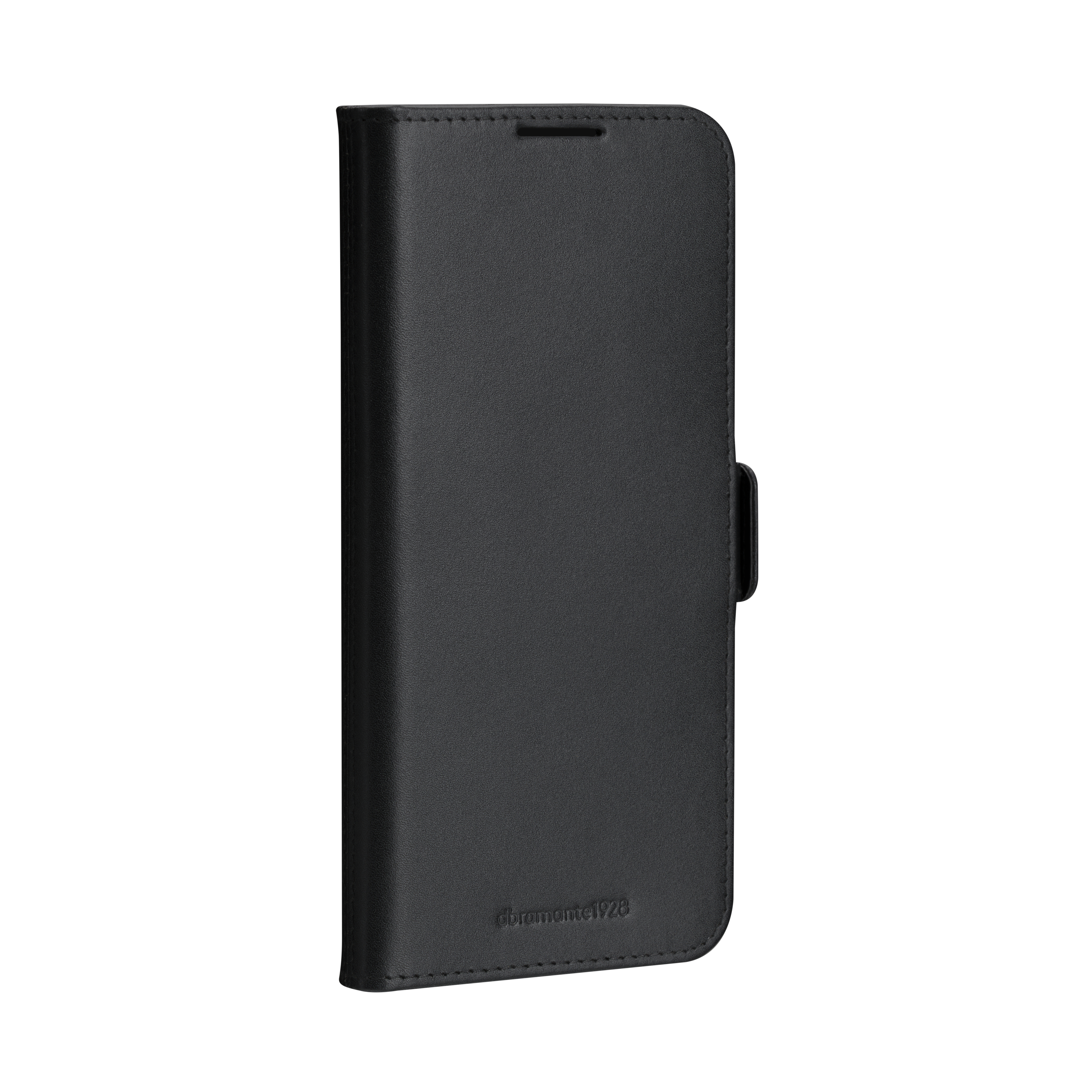 Una custodia per telefono nera con chiusura magnetica. La custodia è chiusa ed è in pelle.