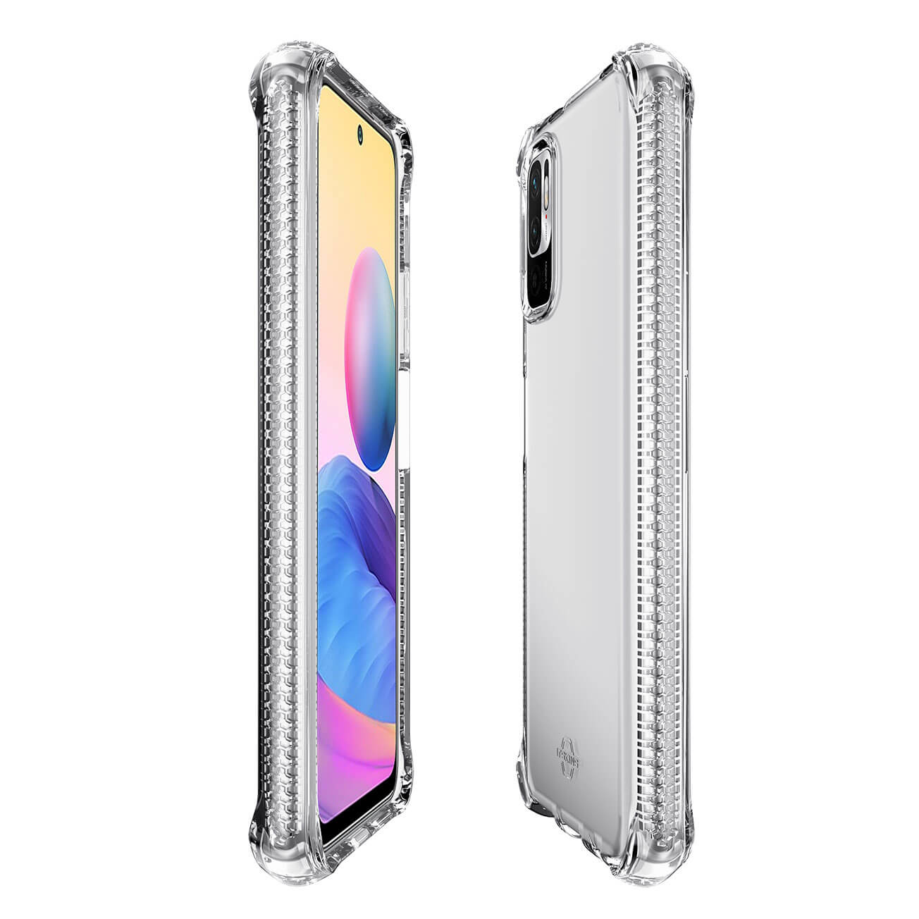 Teléfono en una funda protectora transparente, vista lateral que muestra el teléfono.