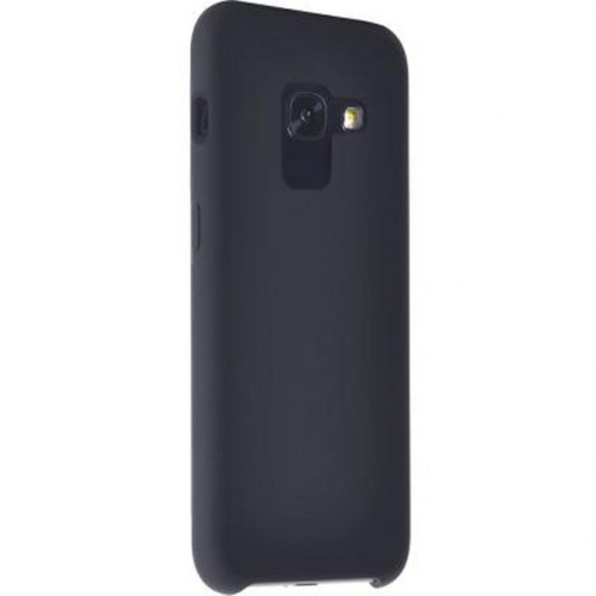 Custodia per telefono nera con ritaglio per fotocamera e flash, design semplice su sfondo bianco.