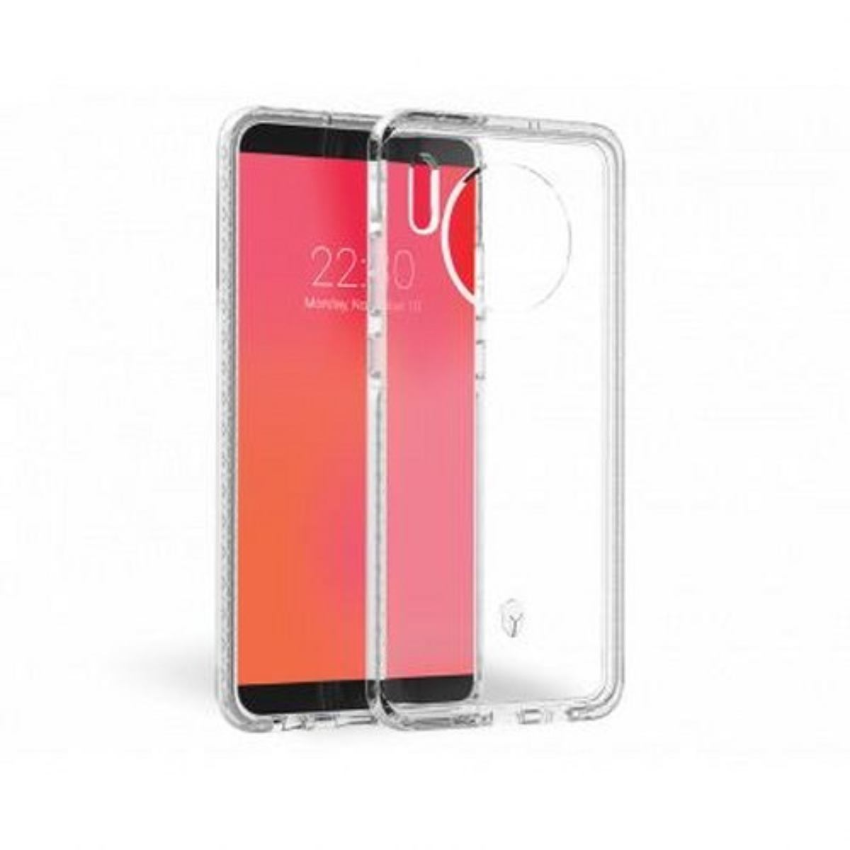 Una custodia trasparente per telefono su un telefono. Il telefono mostra uno schermo sfumato rosso e arancione.