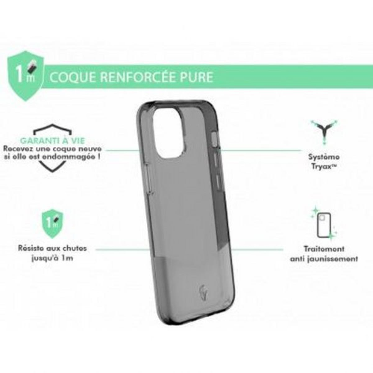 Una custodia trasparente per telefono con testo sulla protezione e altre icone.