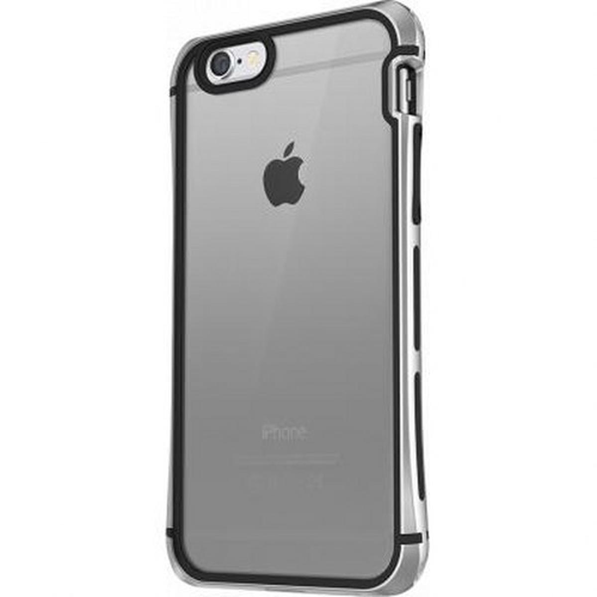 Una funda de teléfono con marco negro y parte trasera plateada, con un logotipo de Apple.
