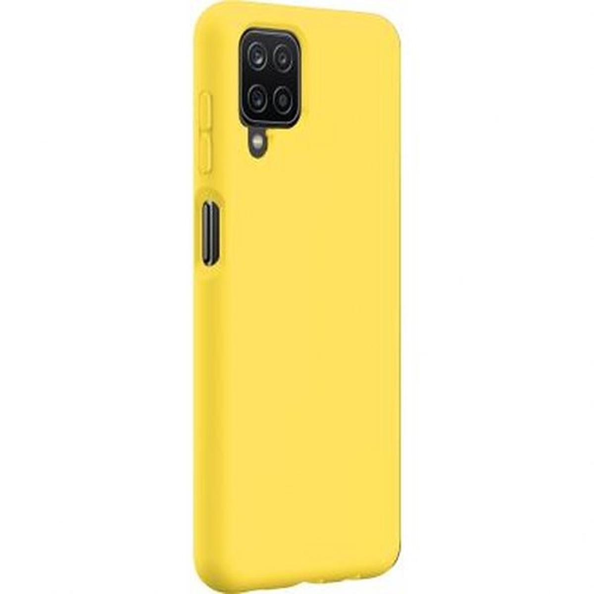 Custodia gialla per telefono con modulo fotocamera. Il telefono è in posizione verticale.