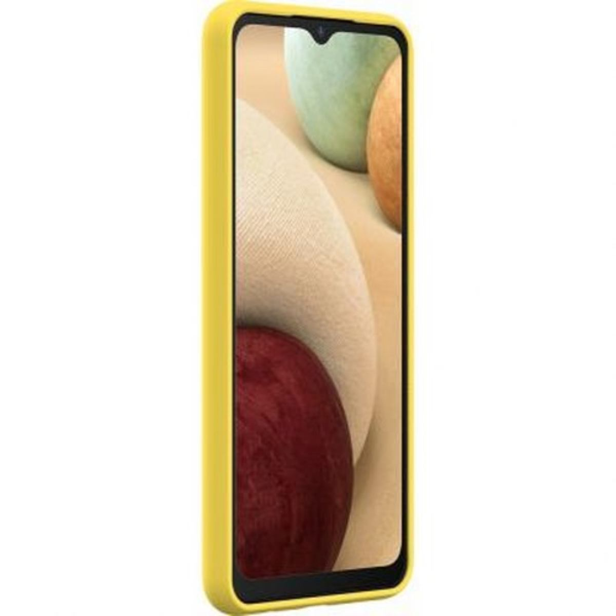 Una custodia gialla per telefono con un telefono all'interno. Il telefono mostra uno sfondo colorato.