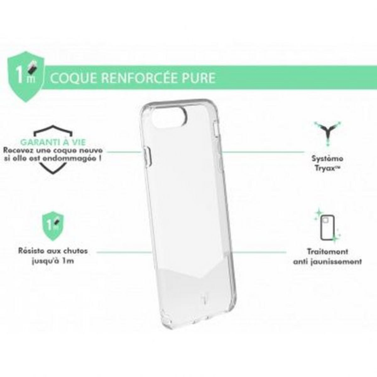 Custodia trasparente per telefono con testo e icone. Sfondo bianco con illustrazioni.