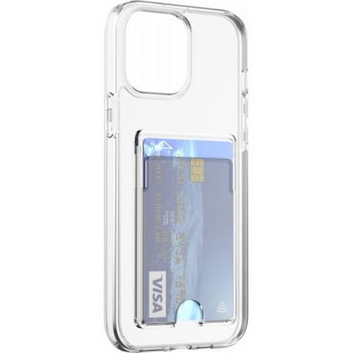 Custodia trasparente per telefono con carta Visa all'interno. Sfondo bianco, buona illuminazione.