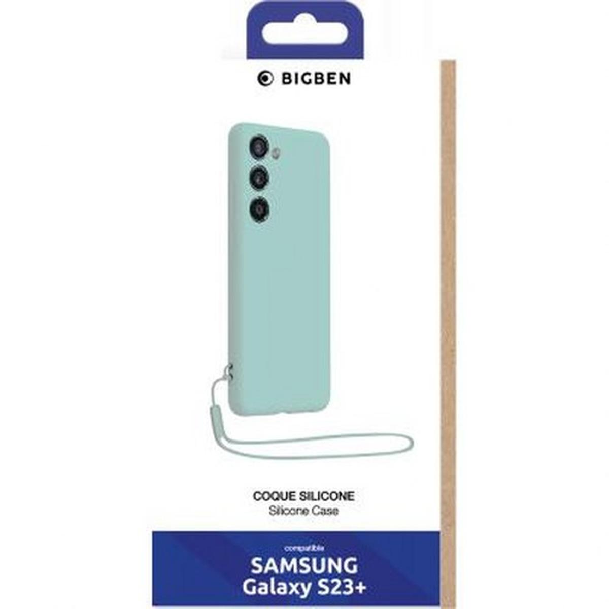 Una confezione di custodia per telefono azzurra. La custodia è azzurra. Il marchio è Bigben. È per Samsung Galaxy S23+.