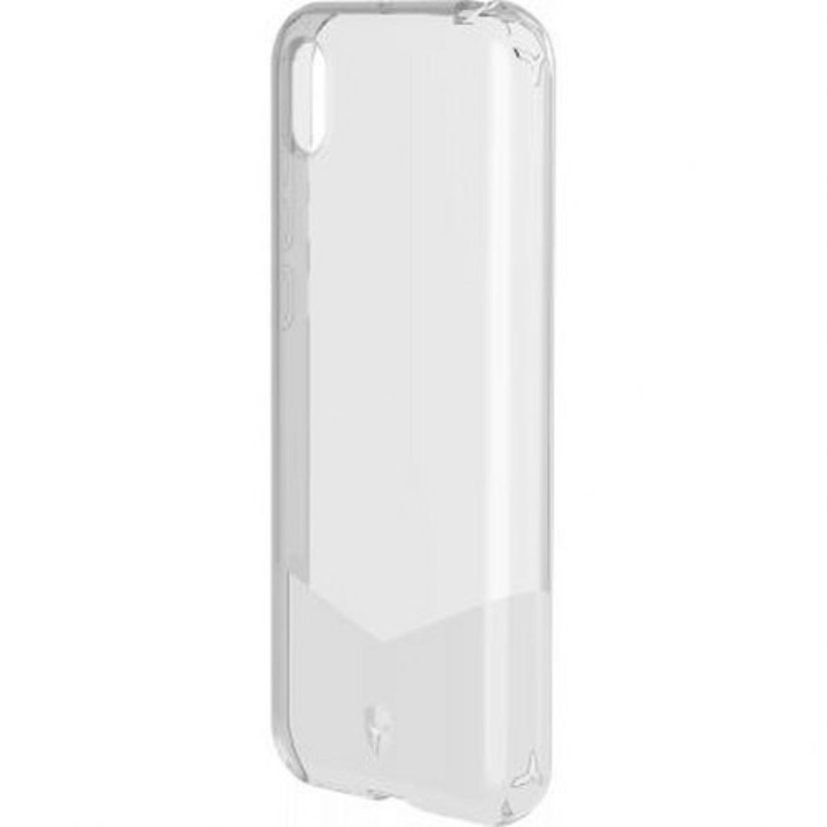 Una custodia trasparente per telefono, che mostra la forma del telefono. Trasparente con un design a V bianco.