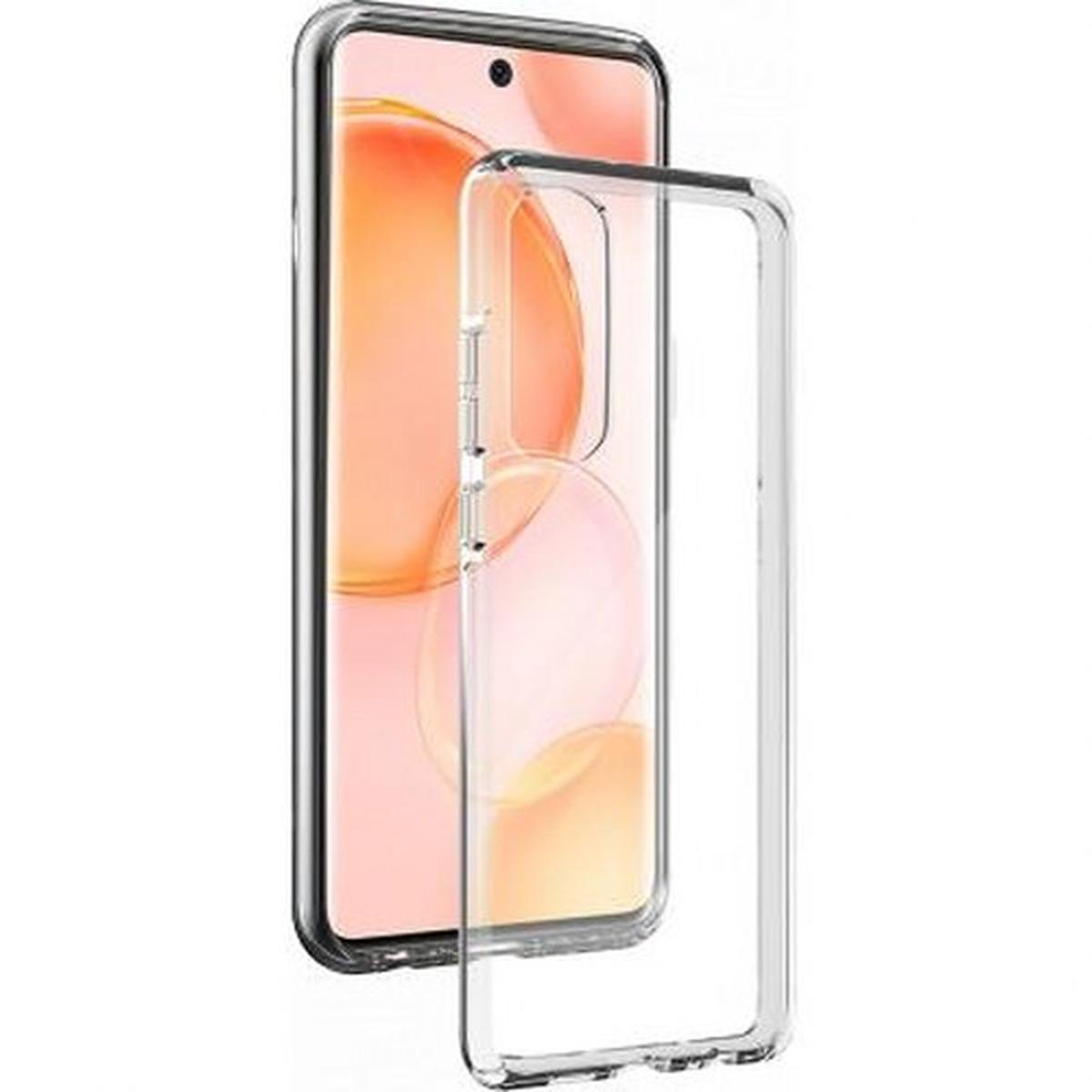 Custodia trasparente su un telefono rosa. La custodia è trasparente, il telefono è a fuoco.