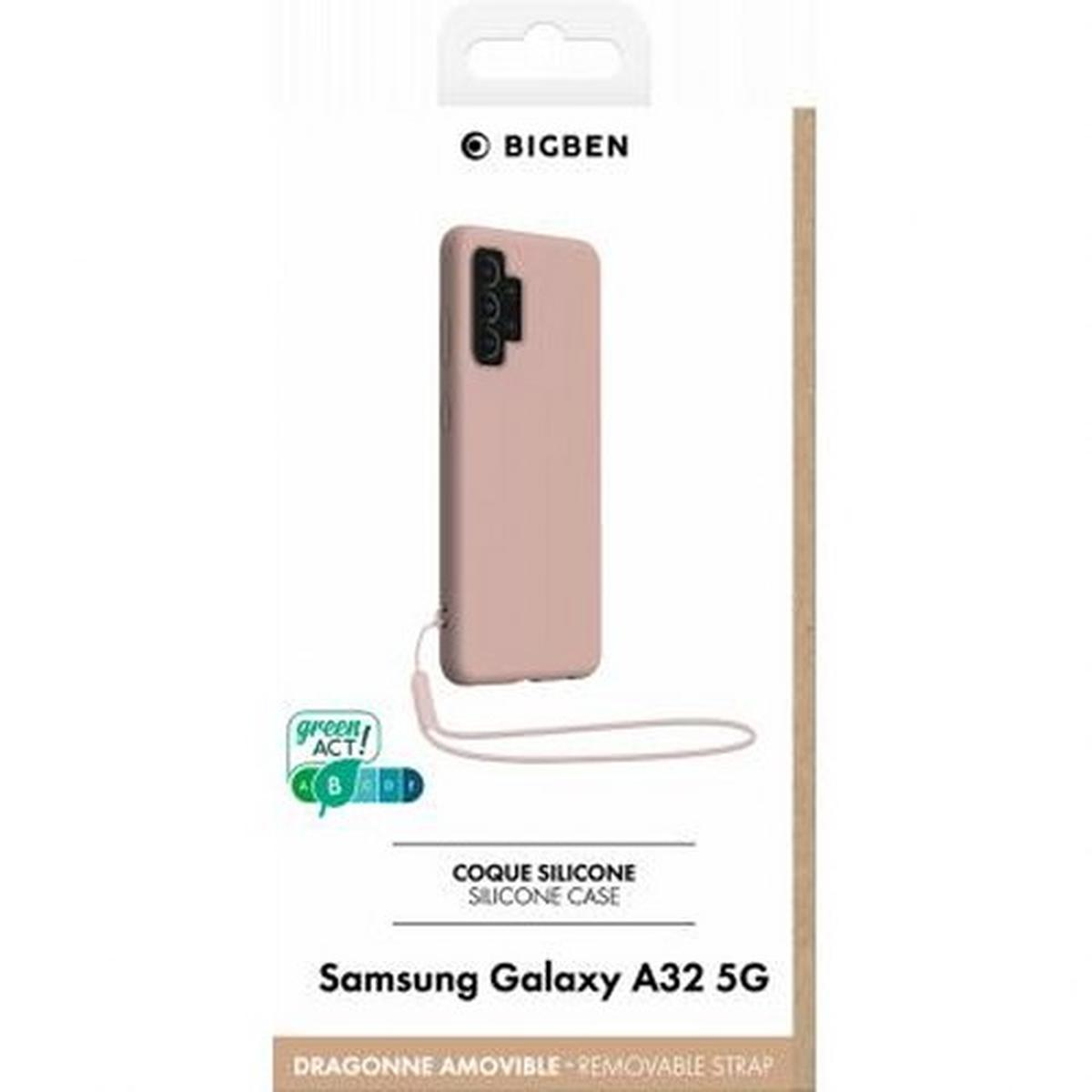 Custodia per telefono rosa con cinturino staccabile. Confezione con testo ed etichetta verde.