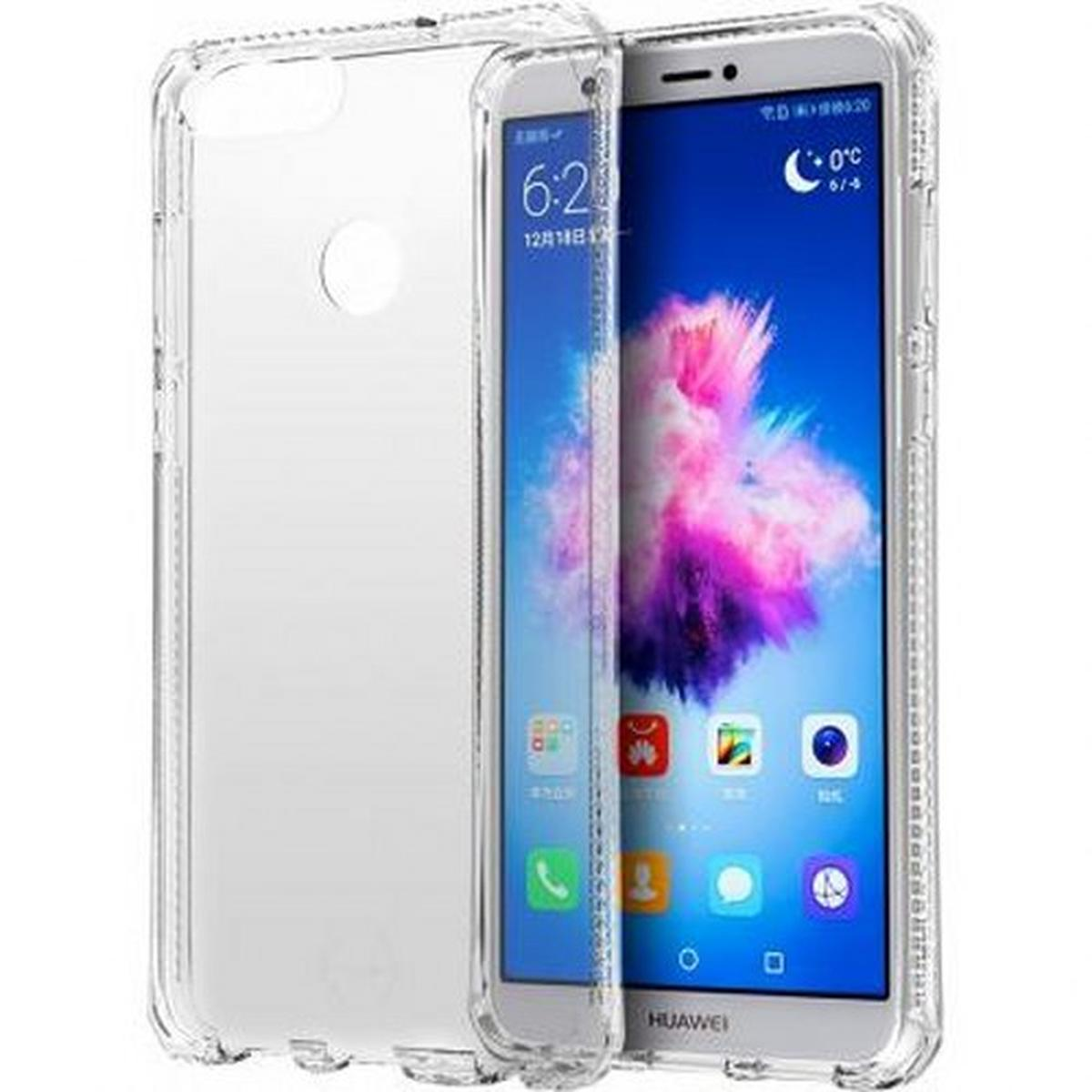 Uno smartphone con una custodia trasparente. Lo schermo mostra un'immagine colorata con data e ora.