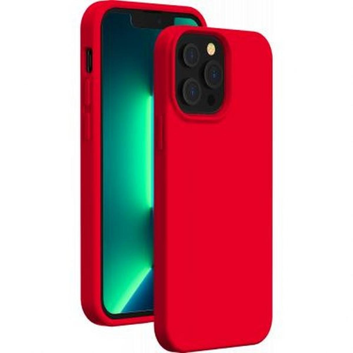 Custodia per telefono rossa con un telefono all'interno. La custodia ha un modulo fotocamera e il telefono è visibile.