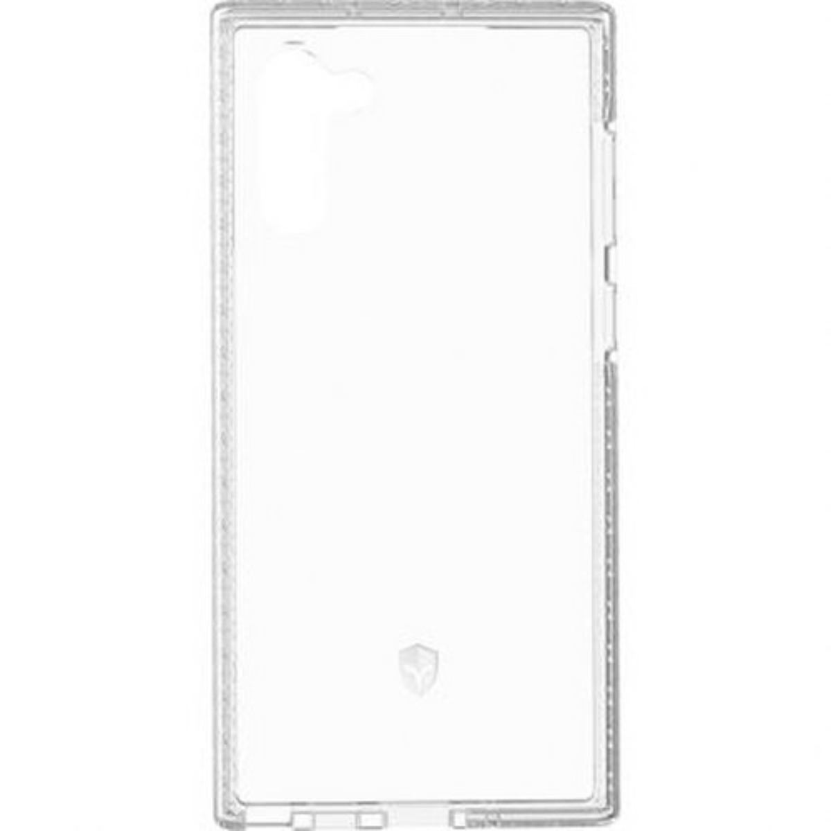 Una custodia trasparente per telefono. La custodia è trasparente. La fotocamera è visibile. La custodia ha un logo in basso.
