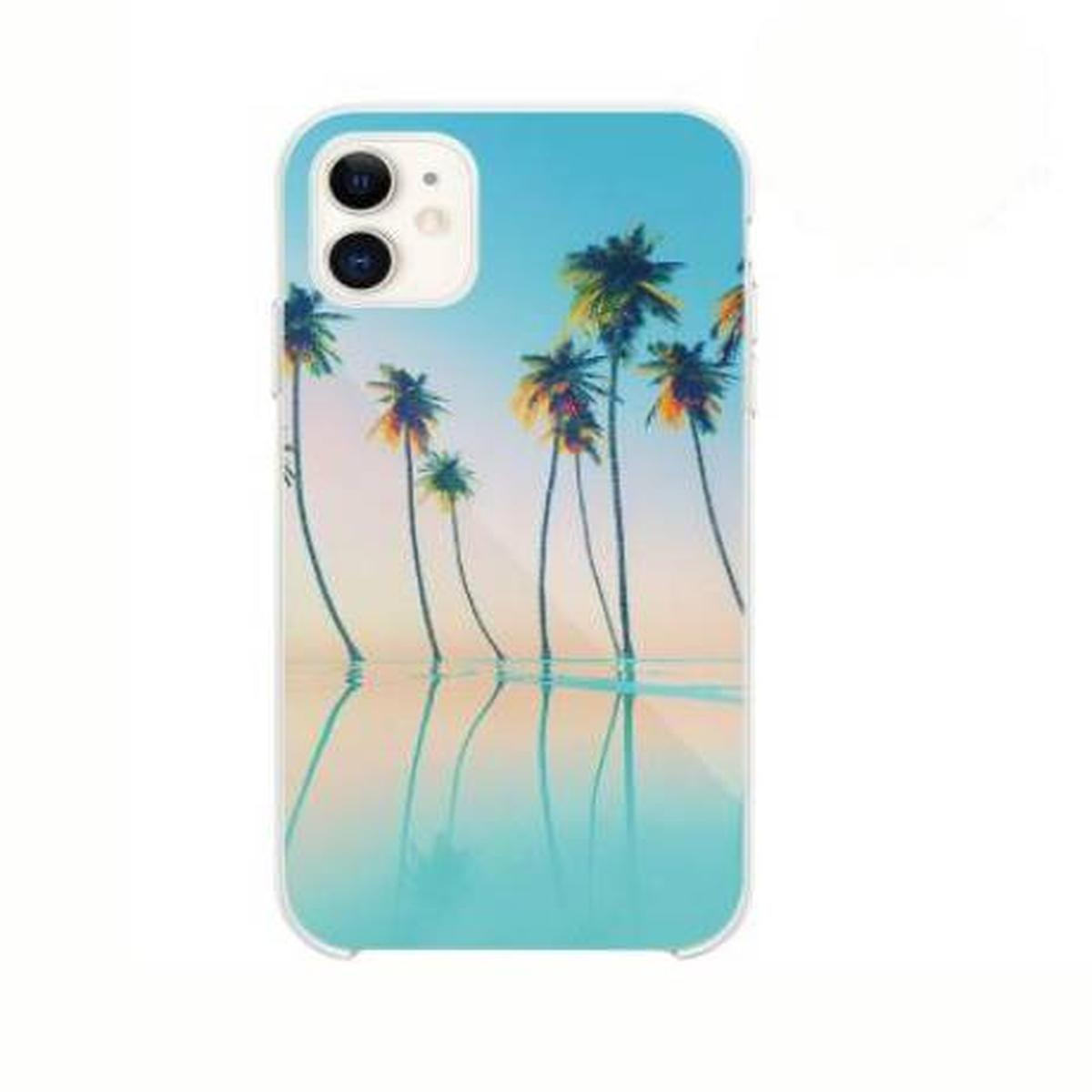 Custodia con scena di spiaggia. Palme, tramonto e riflessi sull'acqua.