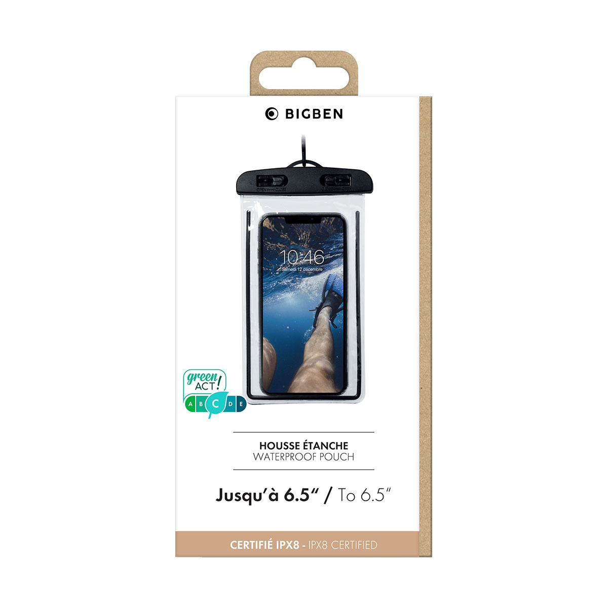 Wasserdichte Telefontasche mit Telefon darin. Die Tasche hat einen schwarzen Verschluss.