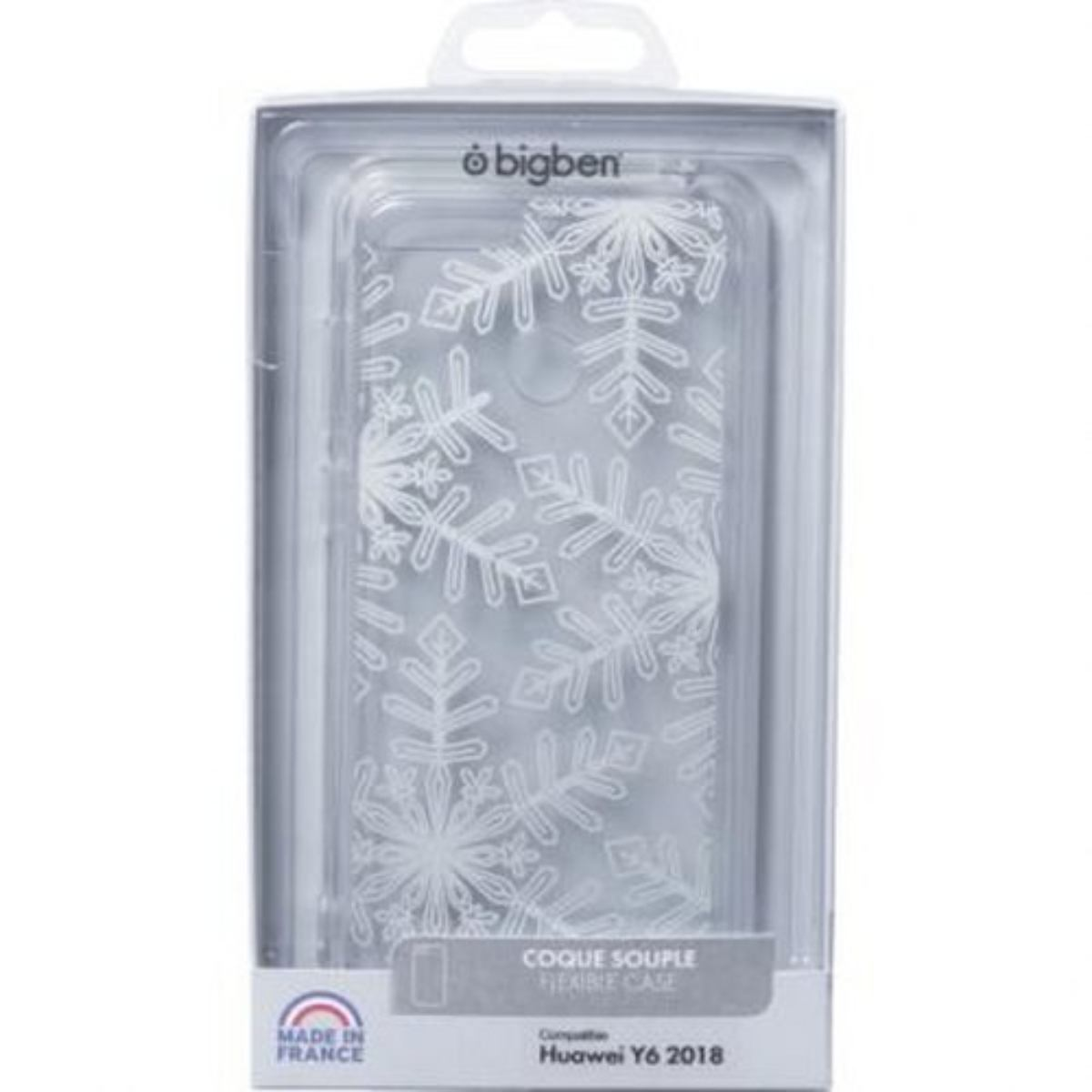 Custodia trasparente per telefono in confezione. Design a fiocco di neve, etichettata flessibile.