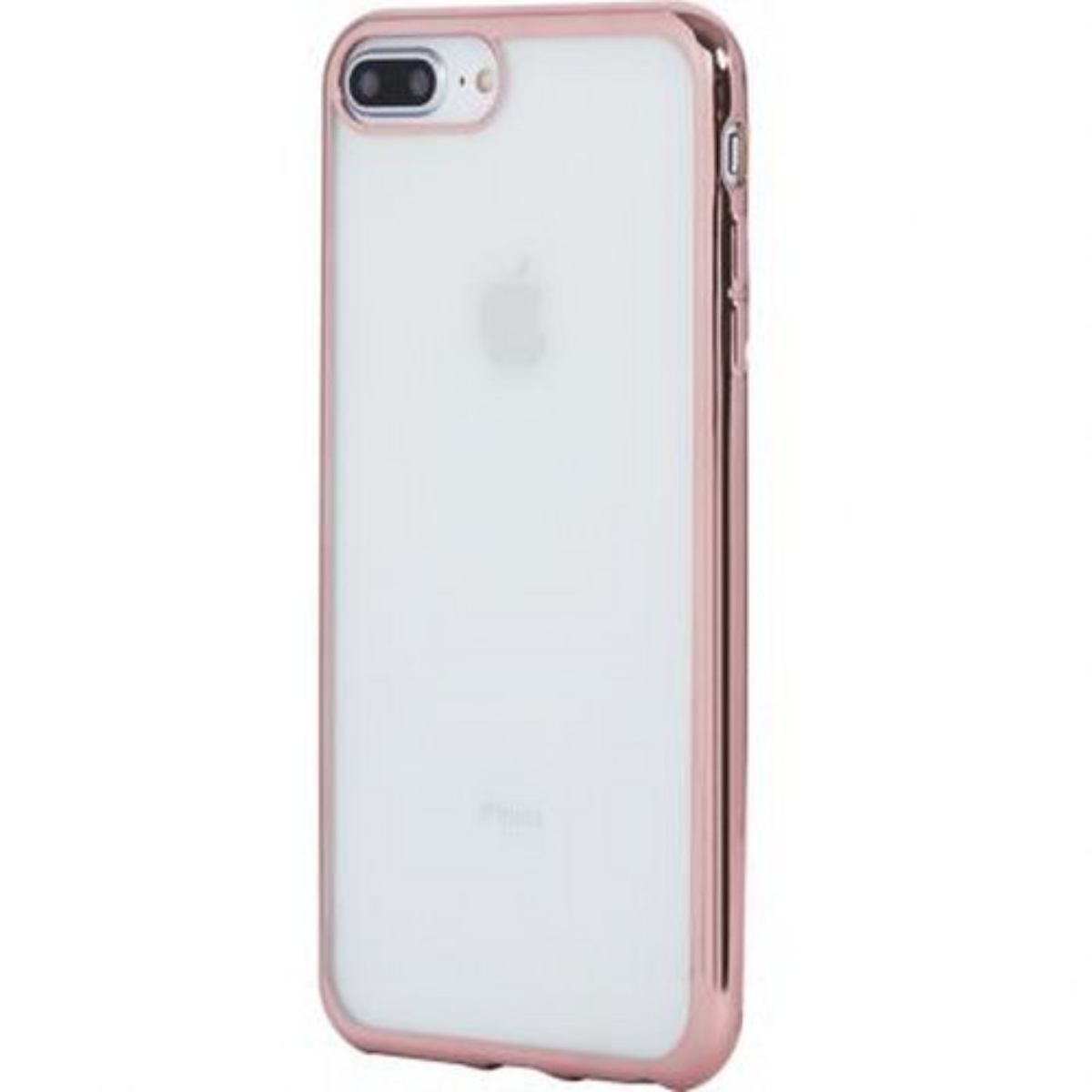 Un telefono in una custodia color oro rosa. La custodia ha un retro trasparente e bordi color oro rosa.