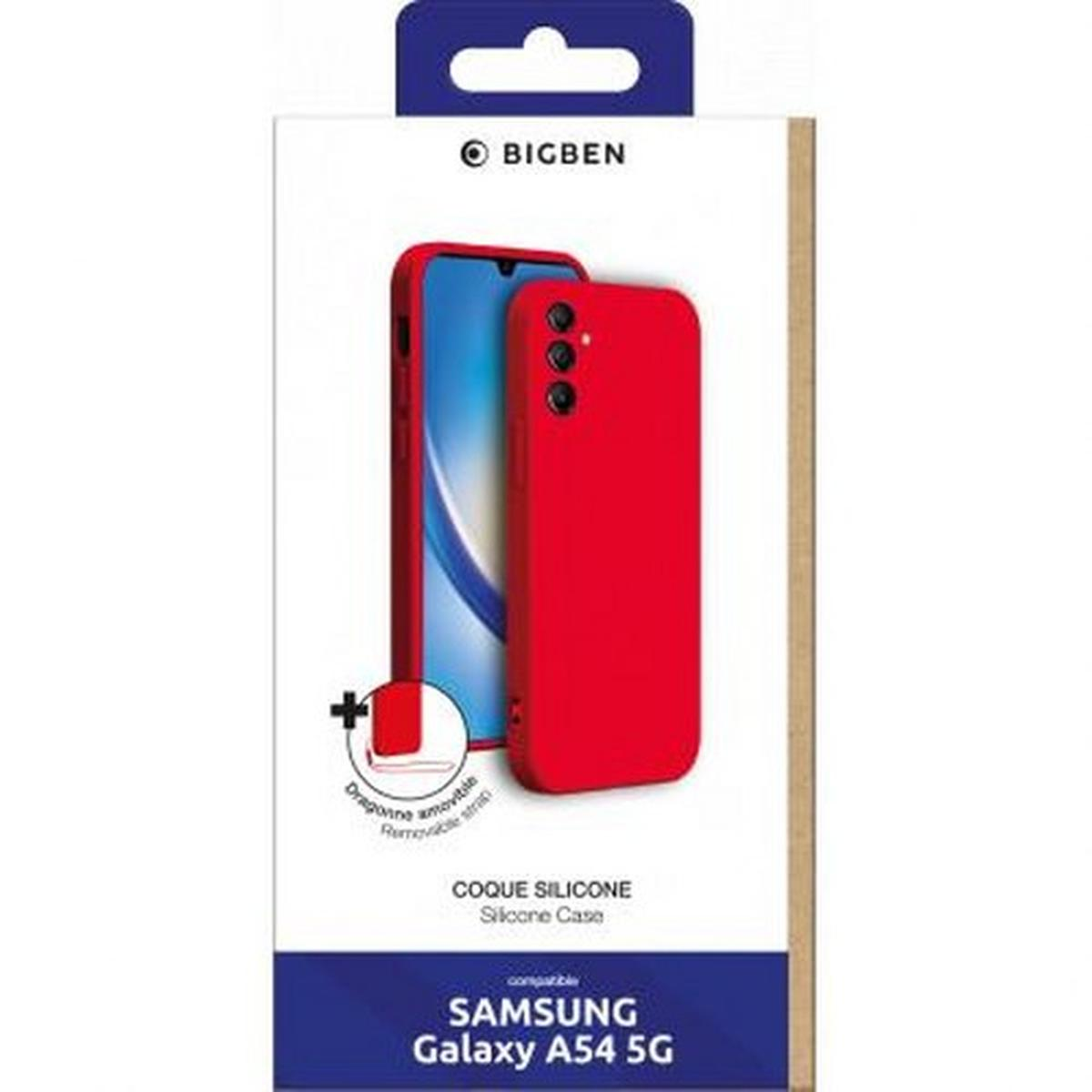 Una scatola per custodia del telefono con una custodia rossa all'interno. La scatola dice 'Custodia in silicone' e 'Samsung Galaxy A54 5G'.
