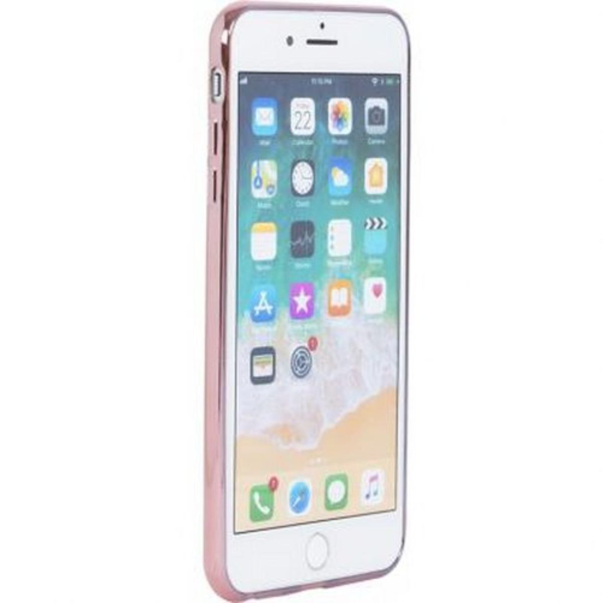 Un telefono in una custodia color oro rosa. Lo schermo del telefono mostra le icone delle app. La custodia ha bordi color oro rosa.