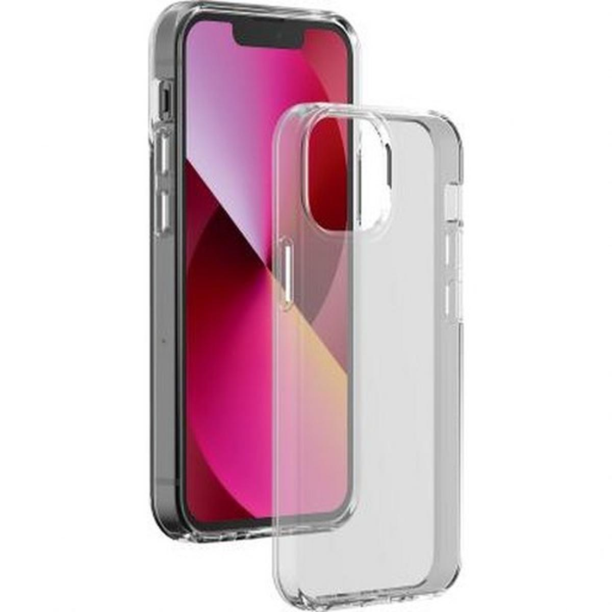 Un iPhone in una custodia trasparente, accanto alla custodia.