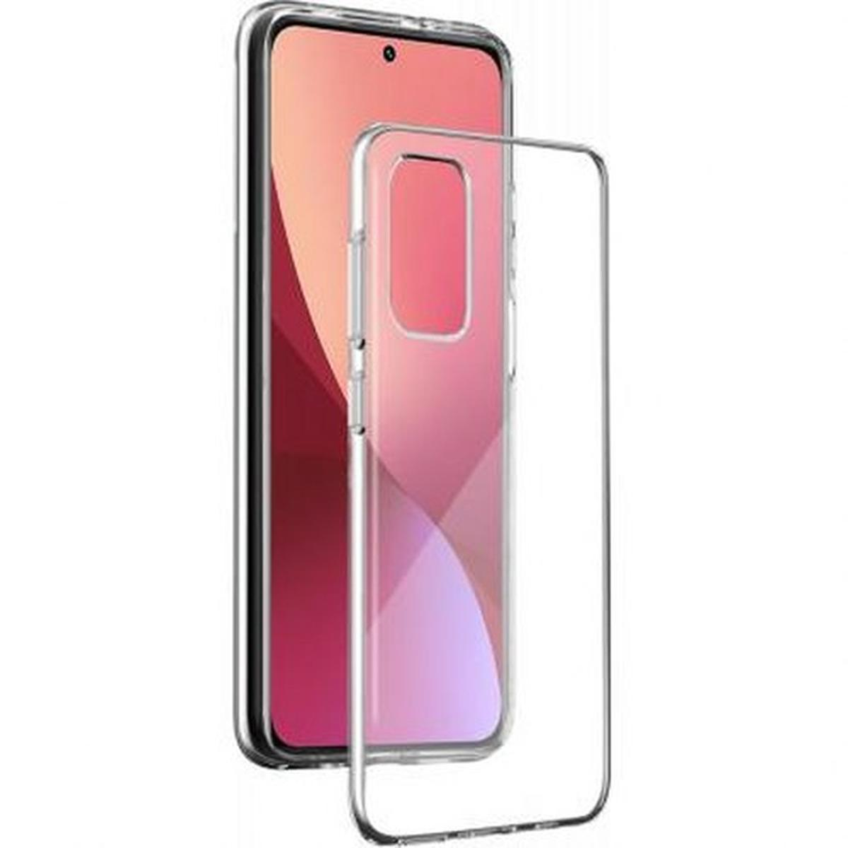 Smartphone all'interno di una custodia protettiva trasparente; sfondo sfumato rosa e bianco.