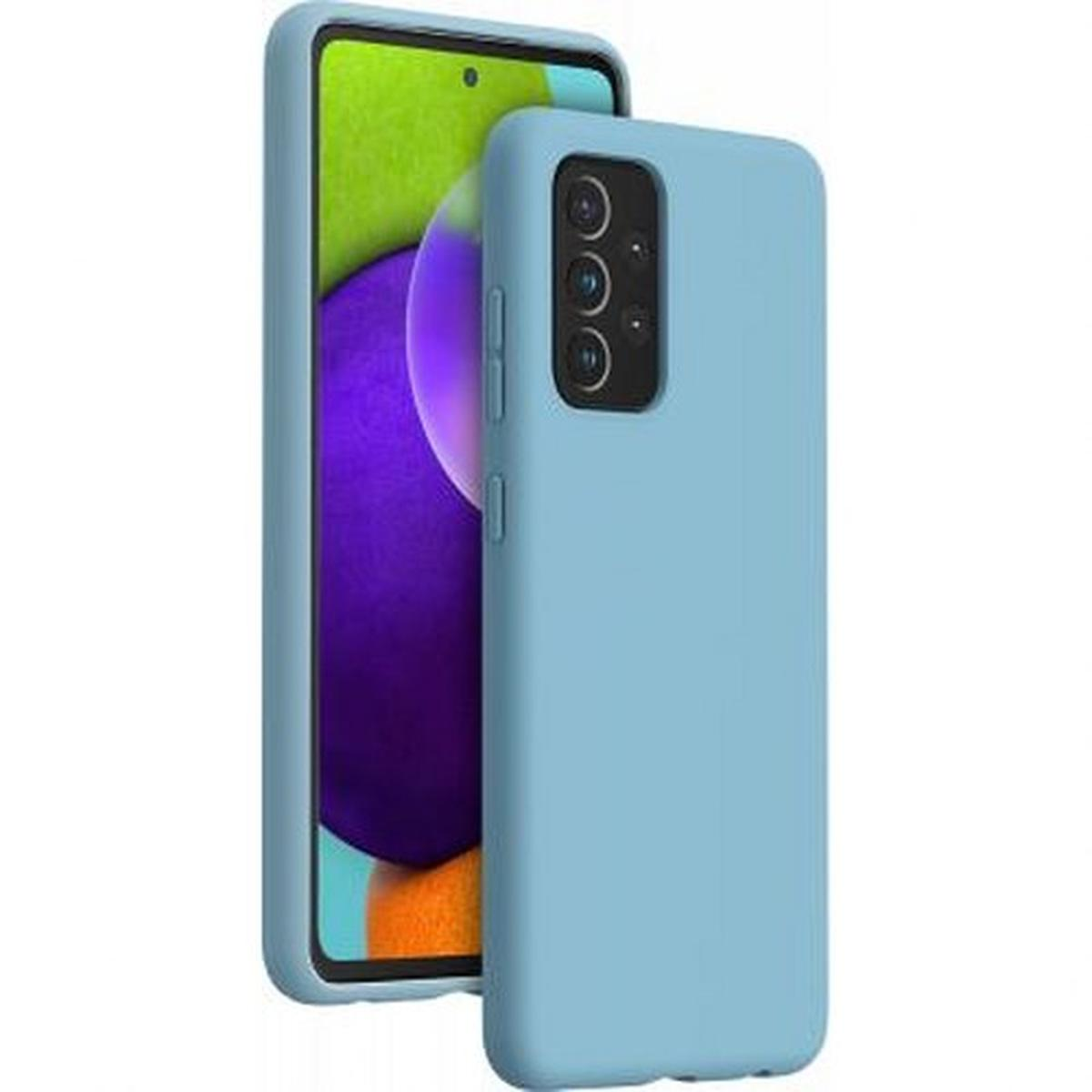 Custodia per telefono azzurra, con telefono abbinato all'interno. Scatto ravvicinato su sfondo bianco.