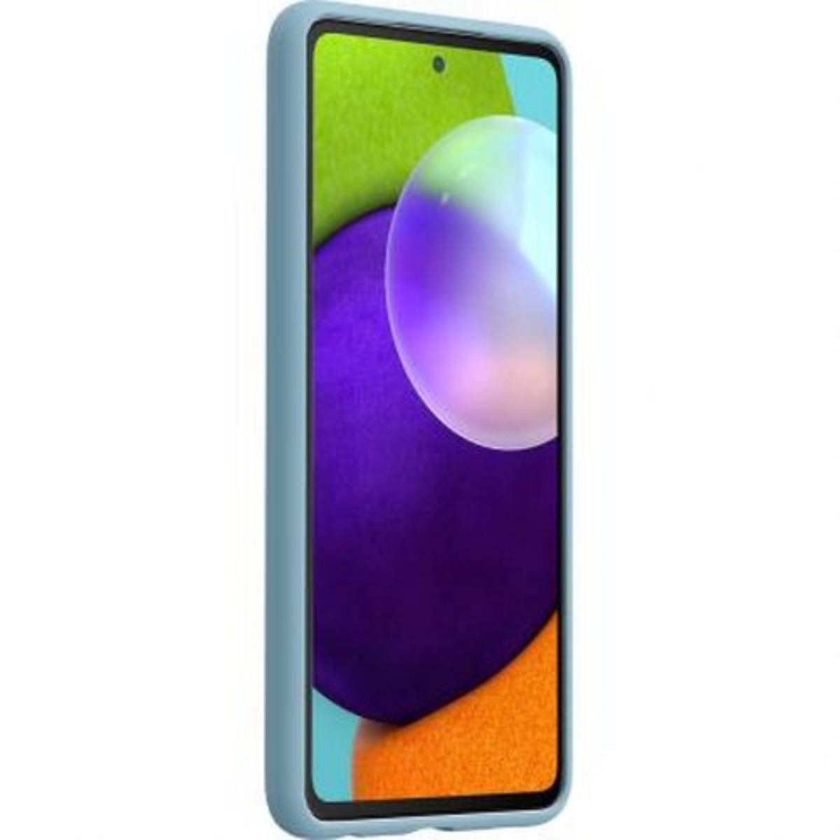 Una custodia blu chiaro su uno smartphone con sfondo colorato.