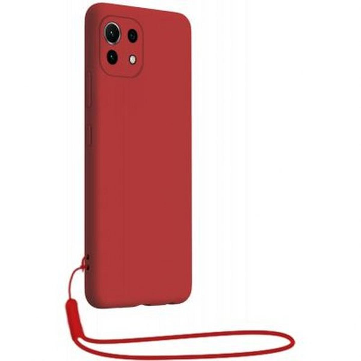 Custodia rossa per telefono con cinturino. Contiene ritagli per la fotocamera. La custodia è su sfondo bianco.