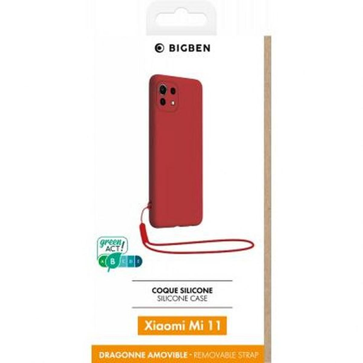 Custodia per telefono in silicone rosso con cordino, in confezione, sfondo bianco.