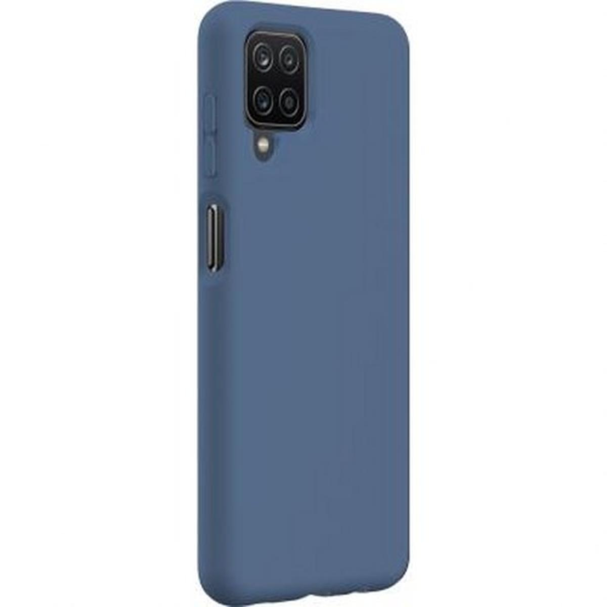 Custodia blu per telefono. Fotocamera e pulsanti del telefono visibili. Sfondo bianco.