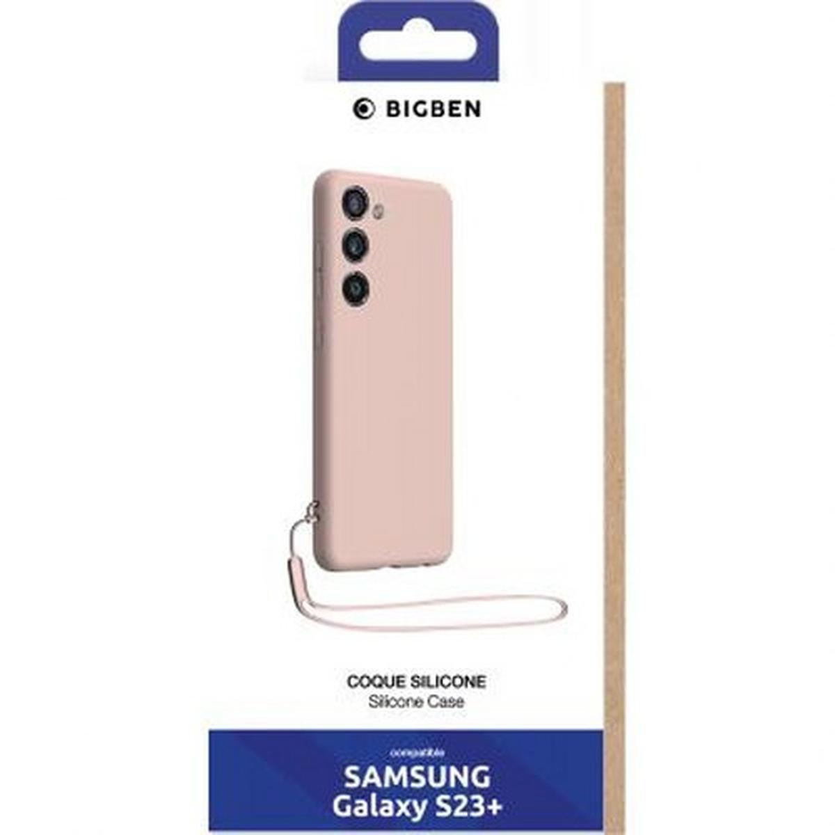 Custodia rosa per telefono con cinturino, su confezione Bigben. La confezione mostra il testo: "Silicone Case" e "Samsung Galaxy S23+".
