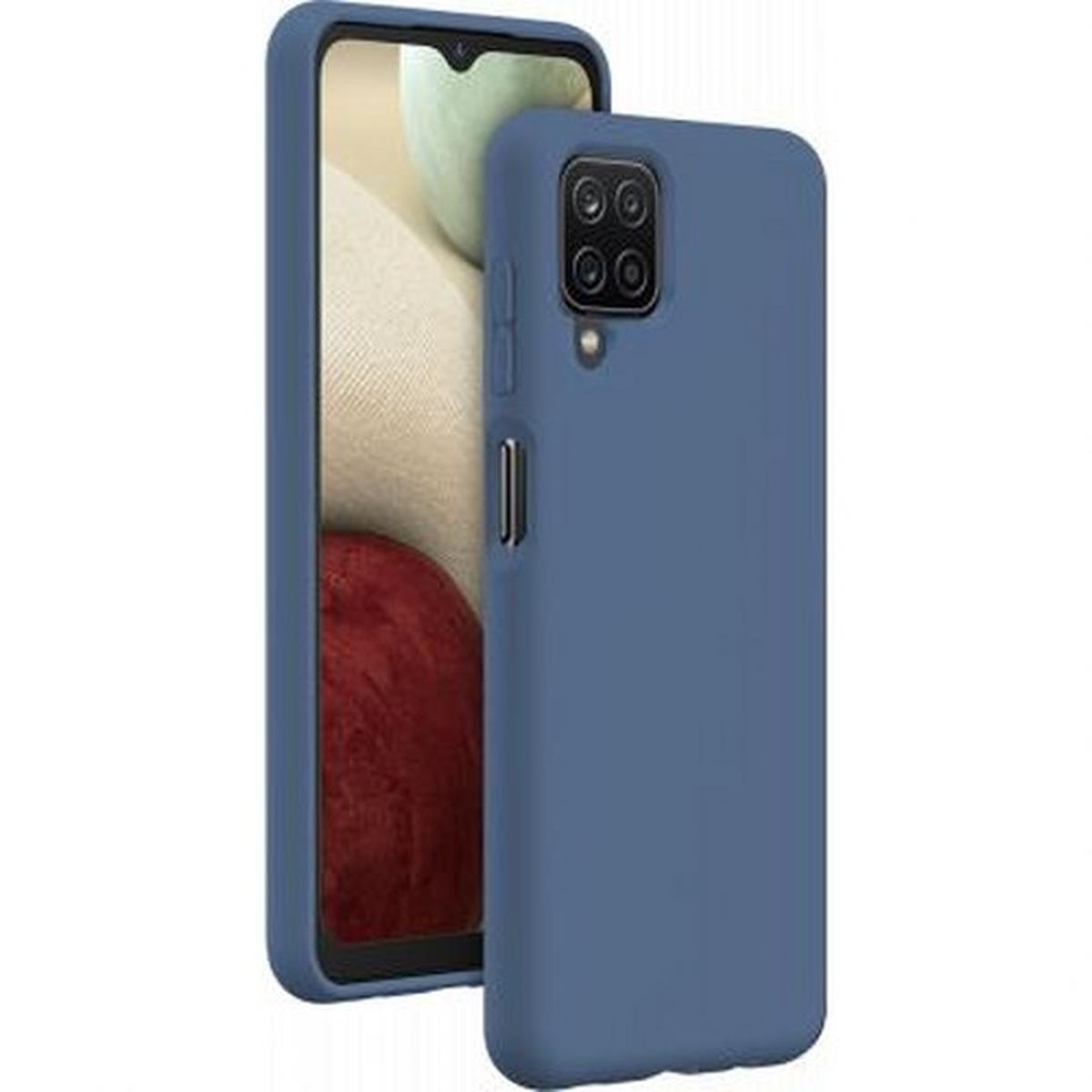 Custodia blu per telefono su bianco. Il telefono è all'interno della custodia. Il telefono è nero.