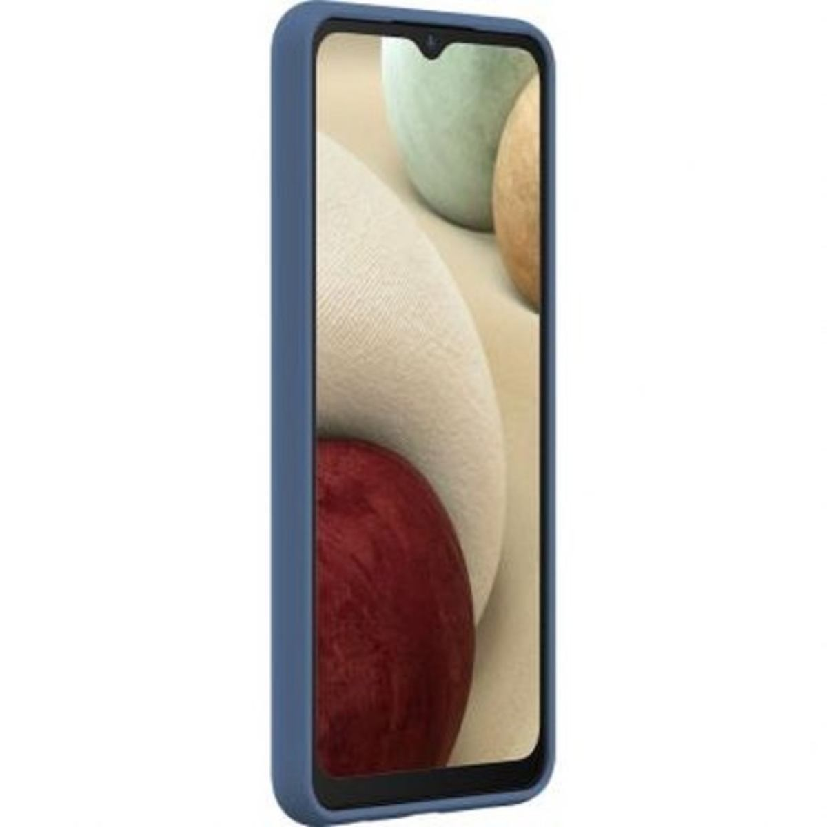 Custodia blu per telefono con un telefono all'interno. Lo schermo mostra forme astratte colorate.