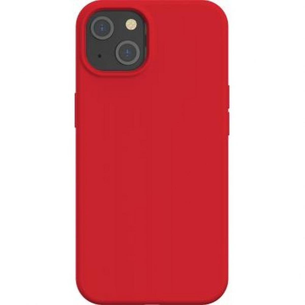 Custodia rossa per telefono. Ha un ritaglio per la fotocamera. La custodia è liscia. Sfondo bianco.