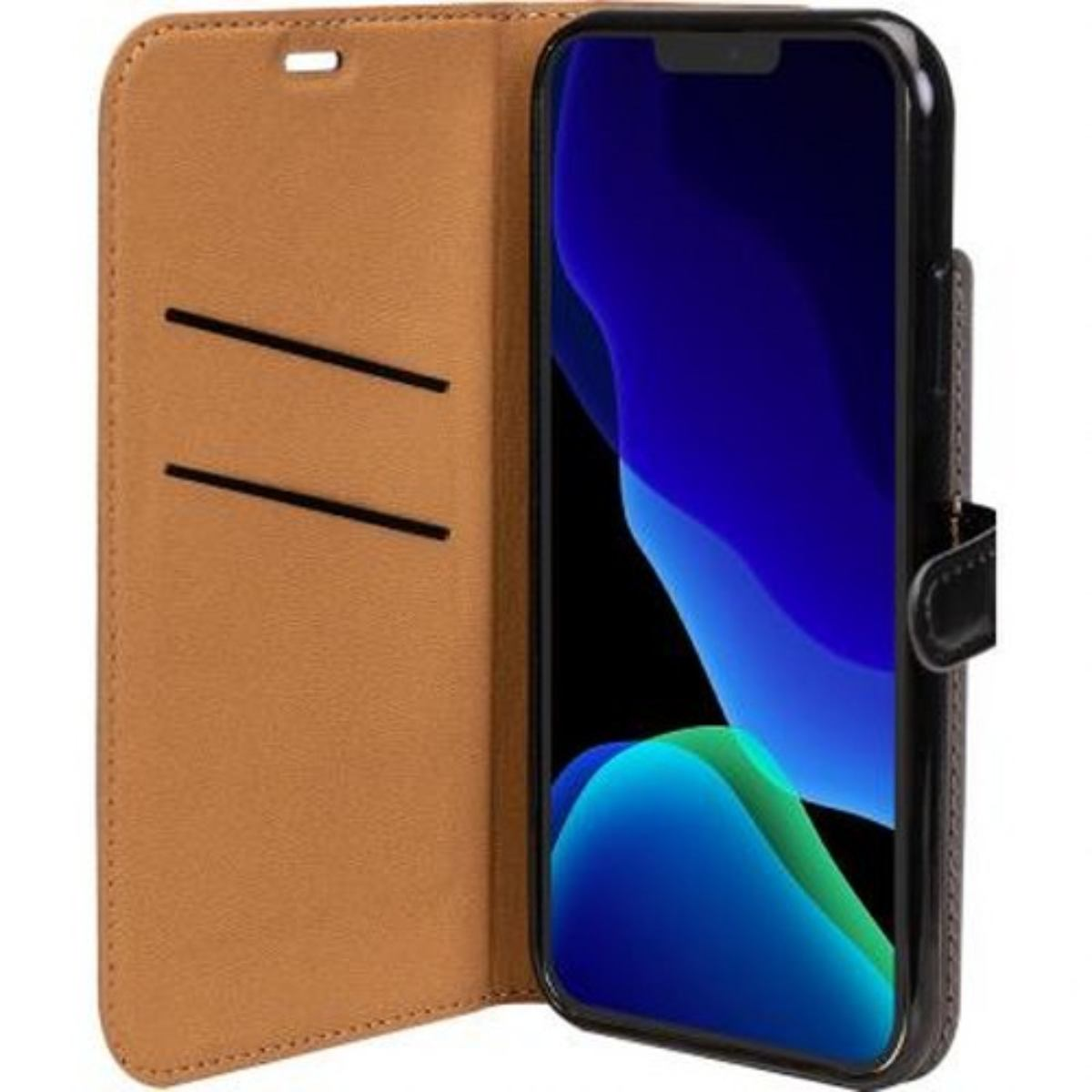 Custodia in pelle marrone aperta, che rivela un telefono con sfondo blu e bianco.