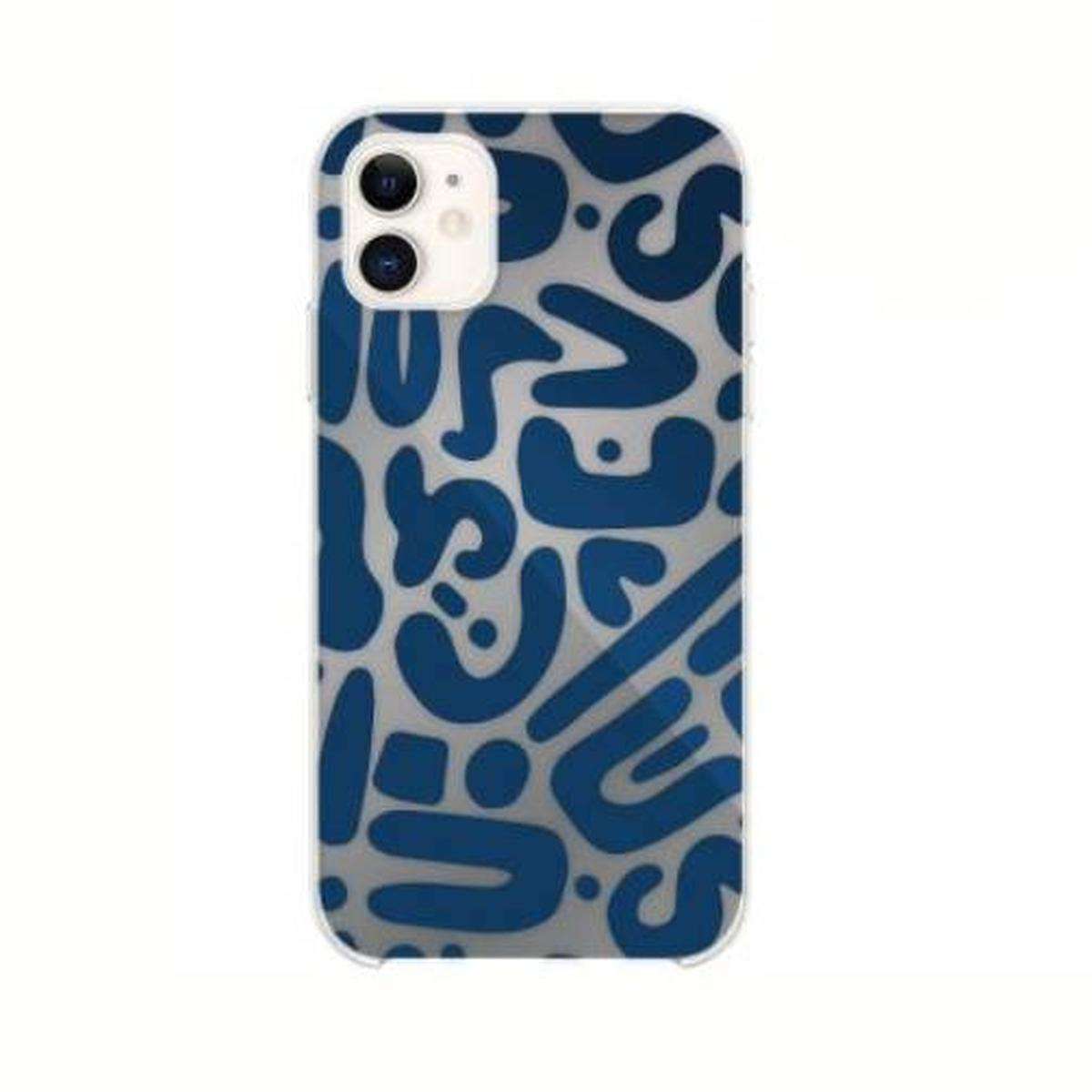Custodia per telefono con un design astratto blu su sfondo grigio.