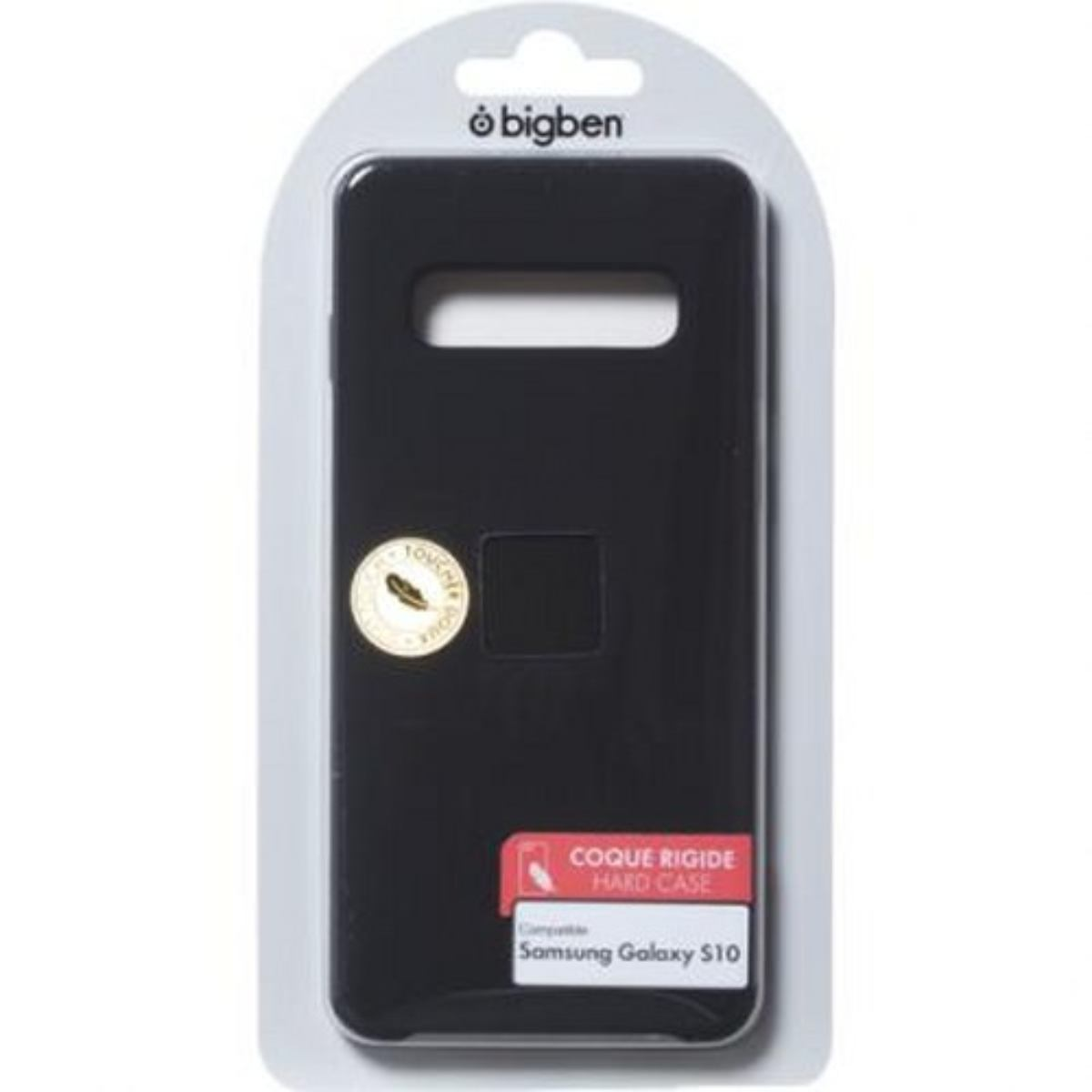 Custodia rigida nera Bigben Samsung Galaxy S10 nella confezione, con un adesivo.