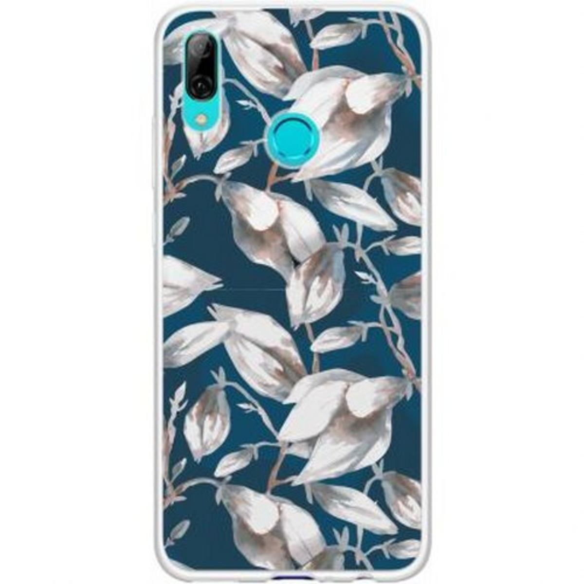 Custodia per telefono con motivo floreale su sfondo blu scuro. Il motivo è bianco e marrone.