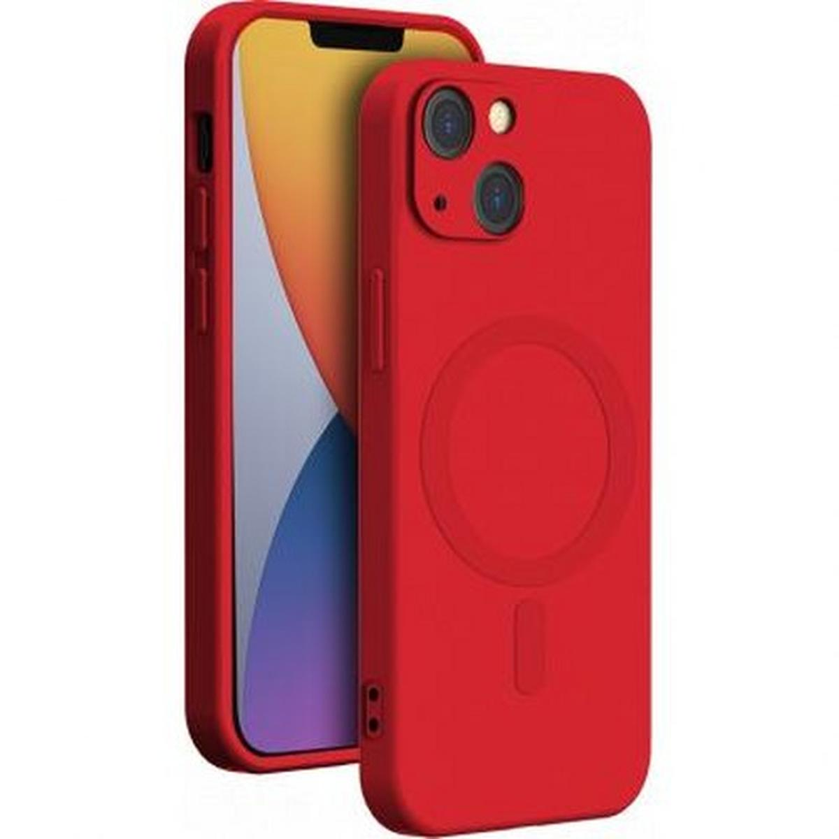 Custodia rossa per telefono con telefono all'interno. La custodia ha un cerchio sul retro.