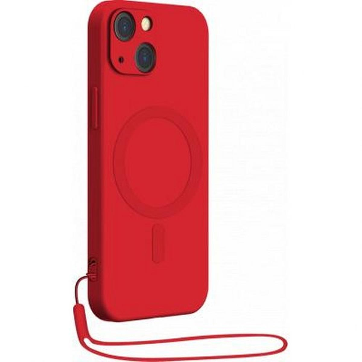 Una custodia per telefono rossa con un anello per MagSafe, con un cinturino in basso.