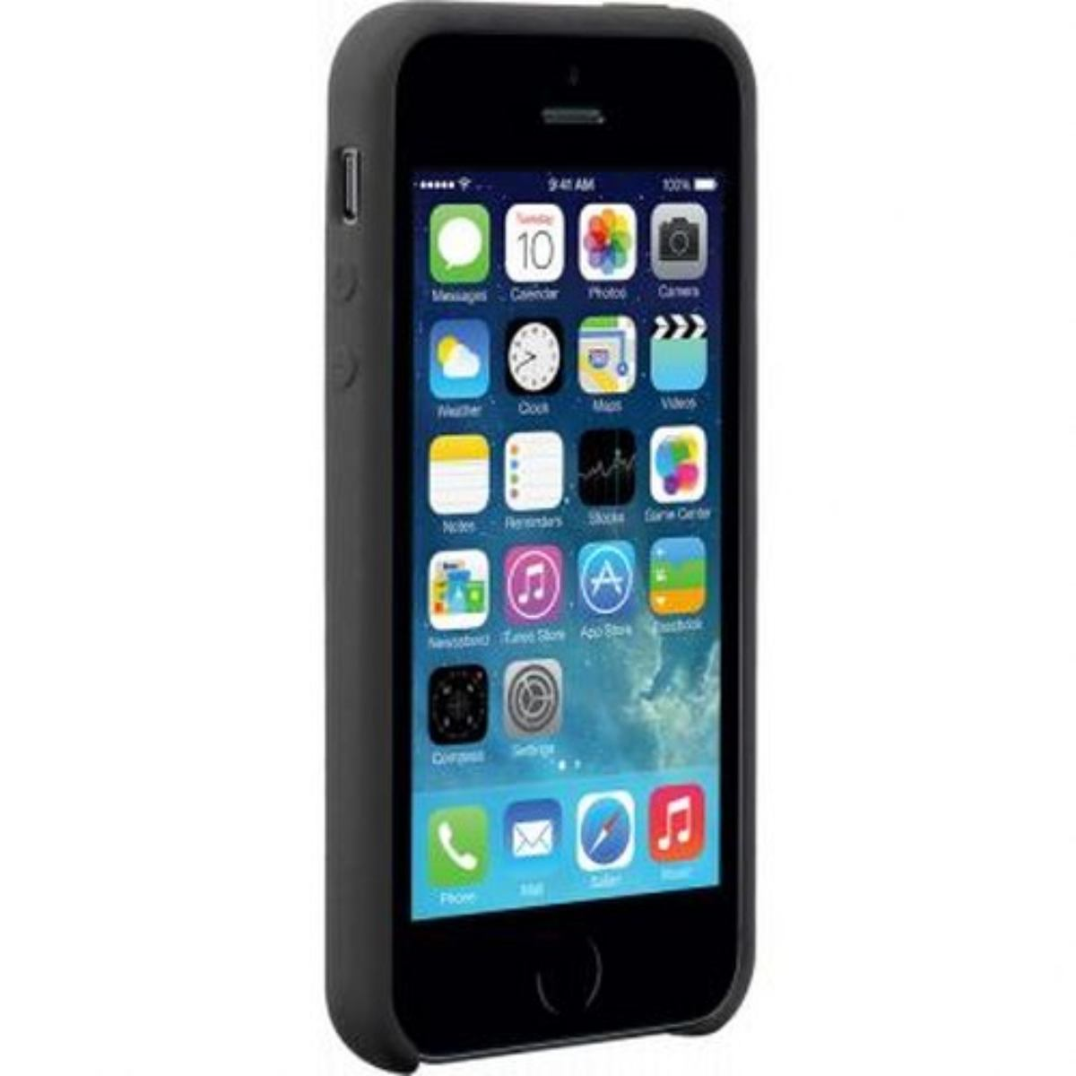 iPhone nero in una custodia. Lo schermo mostra le icone delle app.