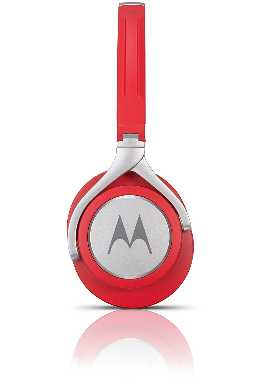 Rote Motorola-Kopfhörer, silberne Akzente, weißer Hintergrund.